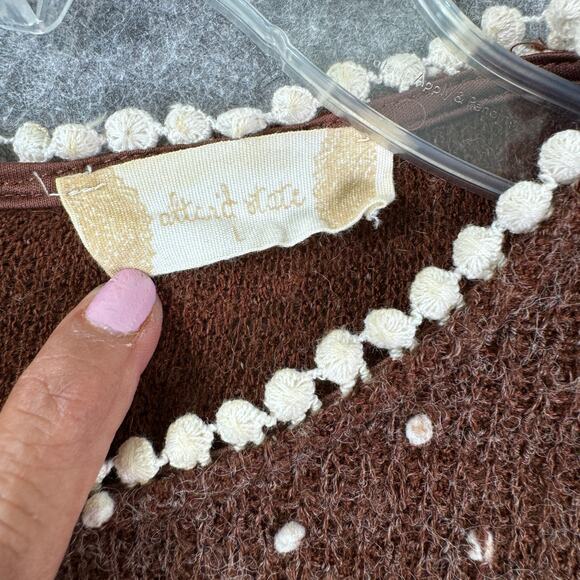 Altar'd State Women's L Brown Cream Polka Dot Cottage Boho Crochet Edge Sweater - Picture 3 of 7